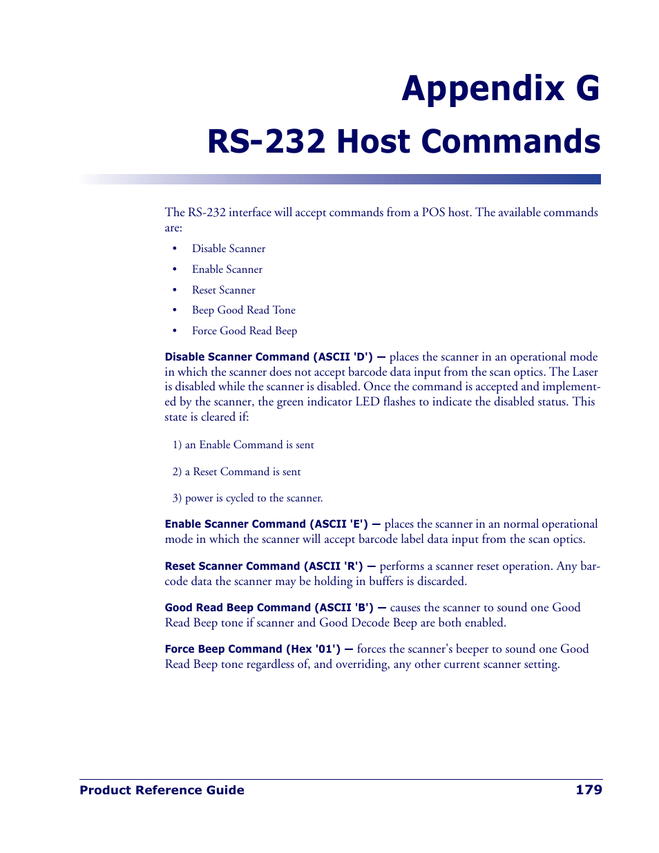 Appendix g, Rs-232 host commands | Datalogic Scanning QUICKSCAN QD 2300 User Manual | Page 185 / 192