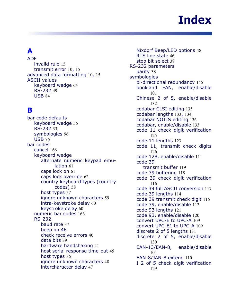 Index | Datalogic Scanning QUICKSCAN QD 2300 User Manual | Page 187 / 192