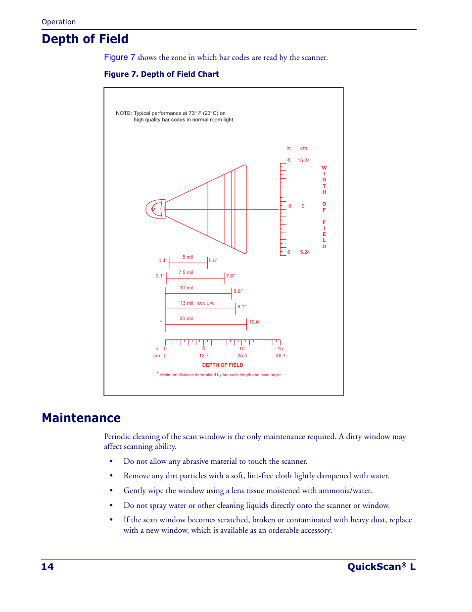 Depth of field, Maintenance, 14 quickscan | Datalogic Scanning QUICKSCAN QD 2300 User Manual | Page 20 / 192