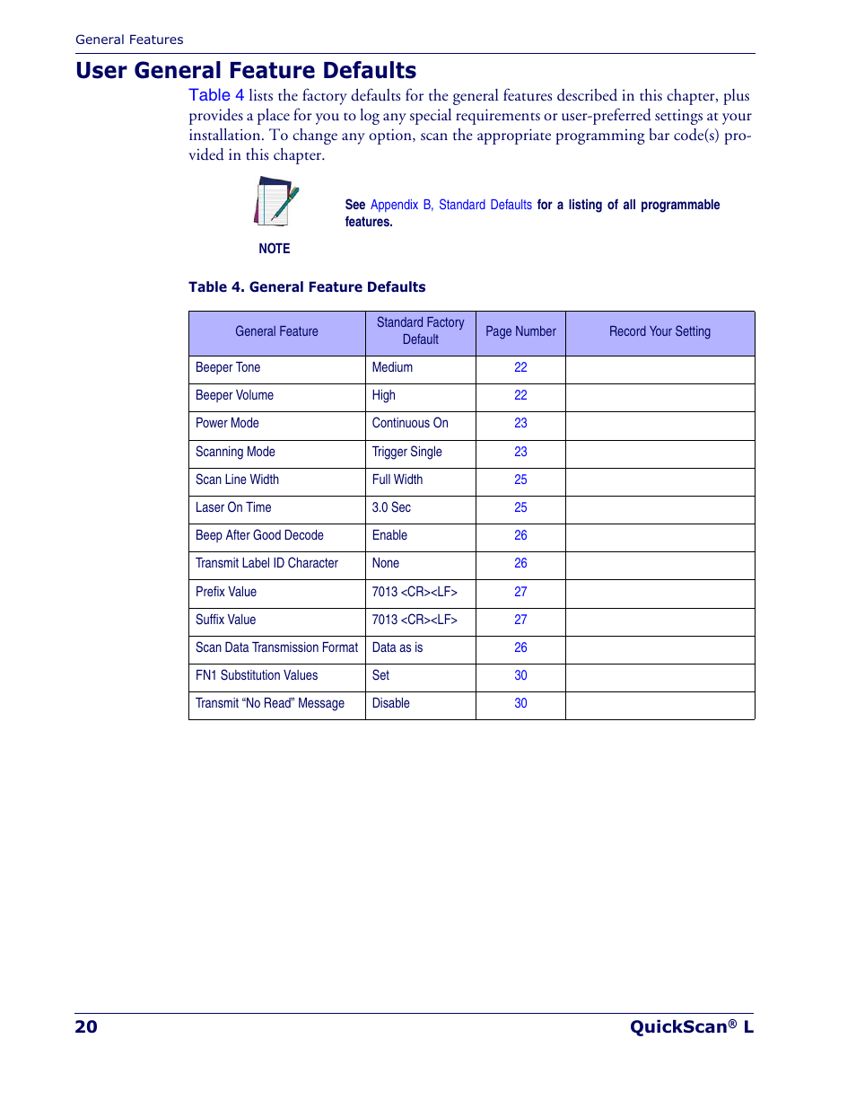 User general feature defaults | Datalogic Scanning QUICKSCAN QD 2300 User Manual | Page 26 / 192