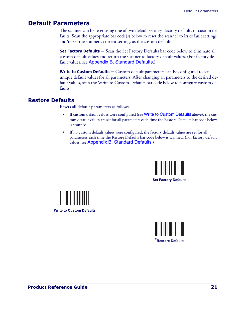 Default parameters, Restore defaults | Datalogic Scanning QUICKSCAN QD 2300 User Manual | Page 27 / 192