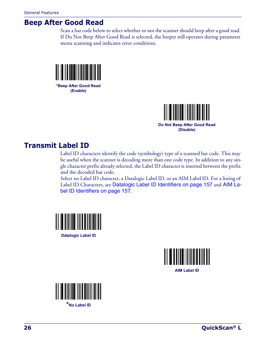 Beep after good read, Transmit label id | Datalogic Scanning QUICKSCAN QD 2300 User Manual | Page 32 / 192