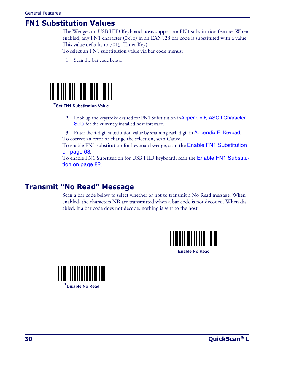 Fn1 substitution values, Transmit “no read” message | Datalogic Scanning QUICKSCAN QD 2300 User Manual | Page 36 / 192