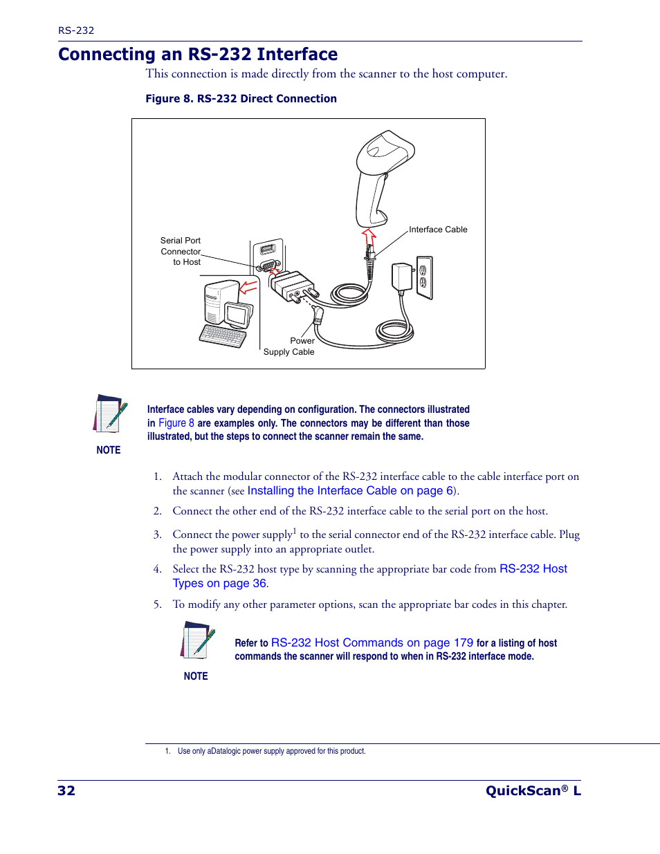 Connecting an rs-232 interface | Datalogic Scanning QUICKSCAN QD 2300 User Manual | Page 38 / 192