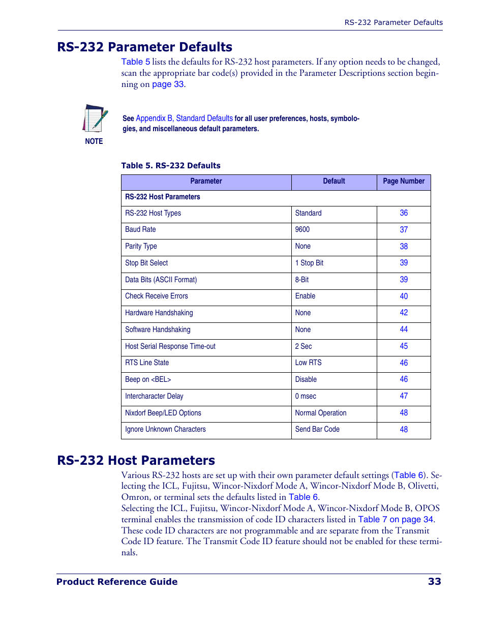 Rs-232 parameter defaults, Rs-232 host parameters | Datalogic Scanning QUICKSCAN QD 2300 User Manual | Page 39 / 192