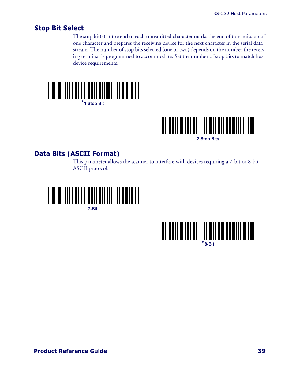 Stop bit select, Data bits (ascii format) | Datalogic Scanning QUICKSCAN QD 2300 User Manual | Page 45 / 192
