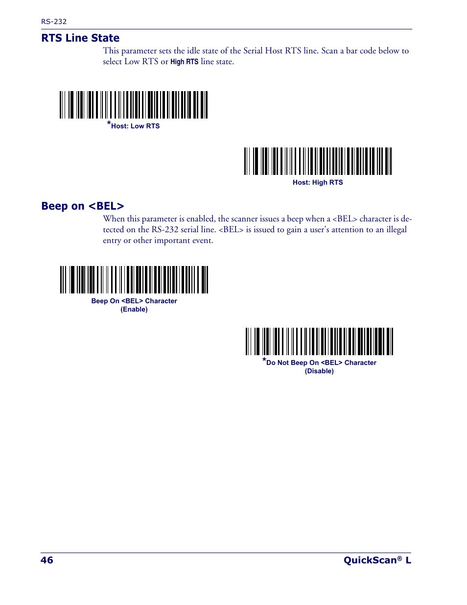 Rts line state, Beep on <bel | Datalogic Scanning QUICKSCAN QD 2300 User Manual | Page 52 / 192