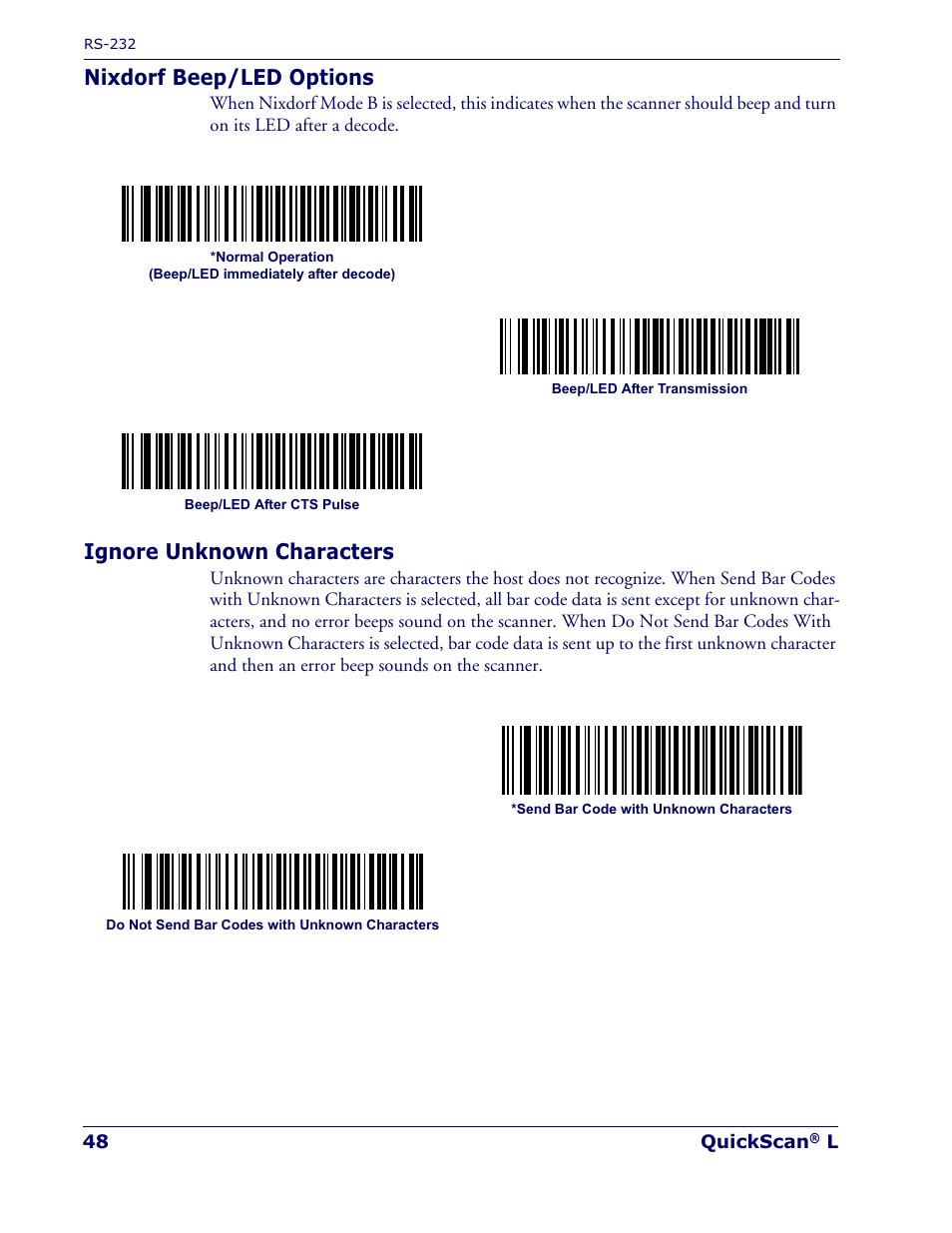 Nixdorf beep/led options, Ignore unknown characters | Datalogic Scanning QUICKSCAN QD 2300 User Manual | Page 54 / 192