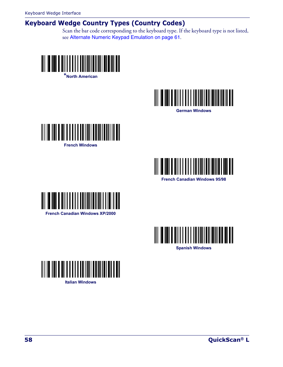 Keyboard wedge country types (country codes) | Datalogic Scanning QUICKSCAN QD 2300 User Manual | Page 64 / 192