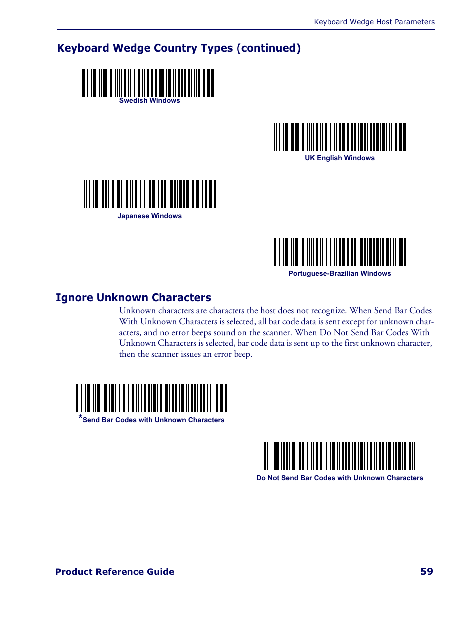 Ignore unknown characters, Keyboard wedge country types (continued) | Datalogic Scanning QUICKSCAN QD 2300 User Manual | Page 65 / 192