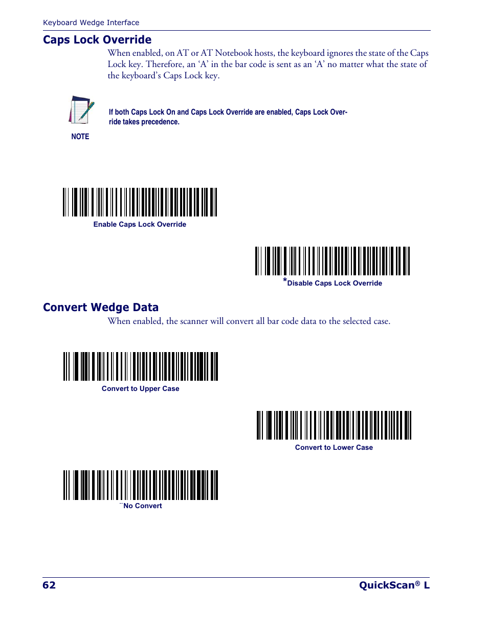 Caps lock override, Convert wedge data | Datalogic Scanning QUICKSCAN QD 2300 User Manual | Page 68 / 192