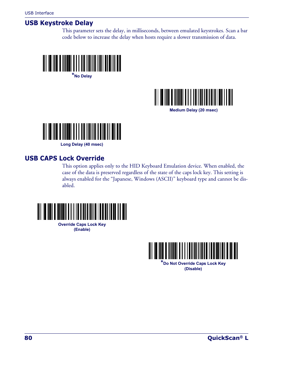 Usb keystroke delay, Usb caps lock override | Datalogic Scanning QUICKSCAN QD 2300 User Manual | Page 86 / 192