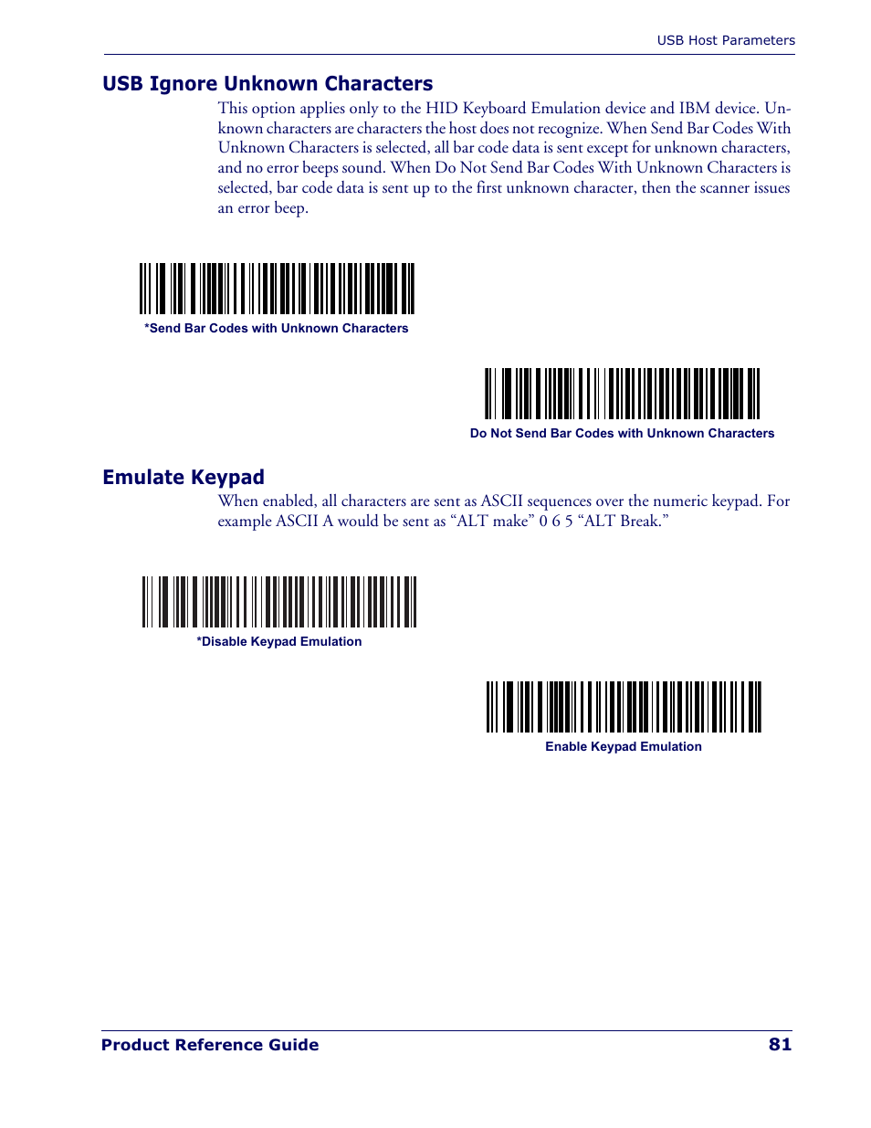 Usb ignore unknown characters, Emulate keypad | Datalogic Scanning QUICKSCAN QD 2300 User Manual | Page 87 / 192