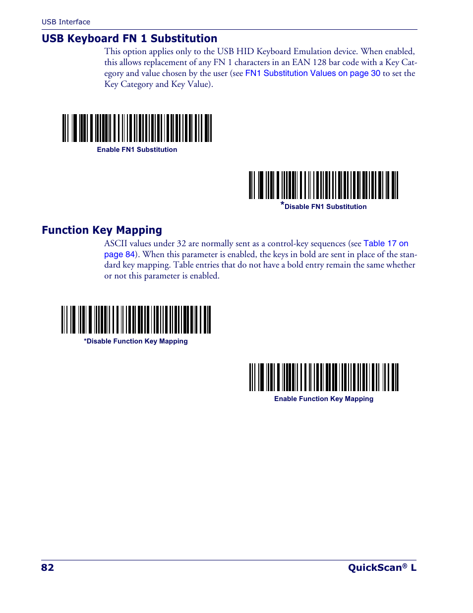 Usb keyboard fn 1 substitution, Function key mapping | Datalogic Scanning QUICKSCAN QD 2300 User Manual | Page 88 / 192