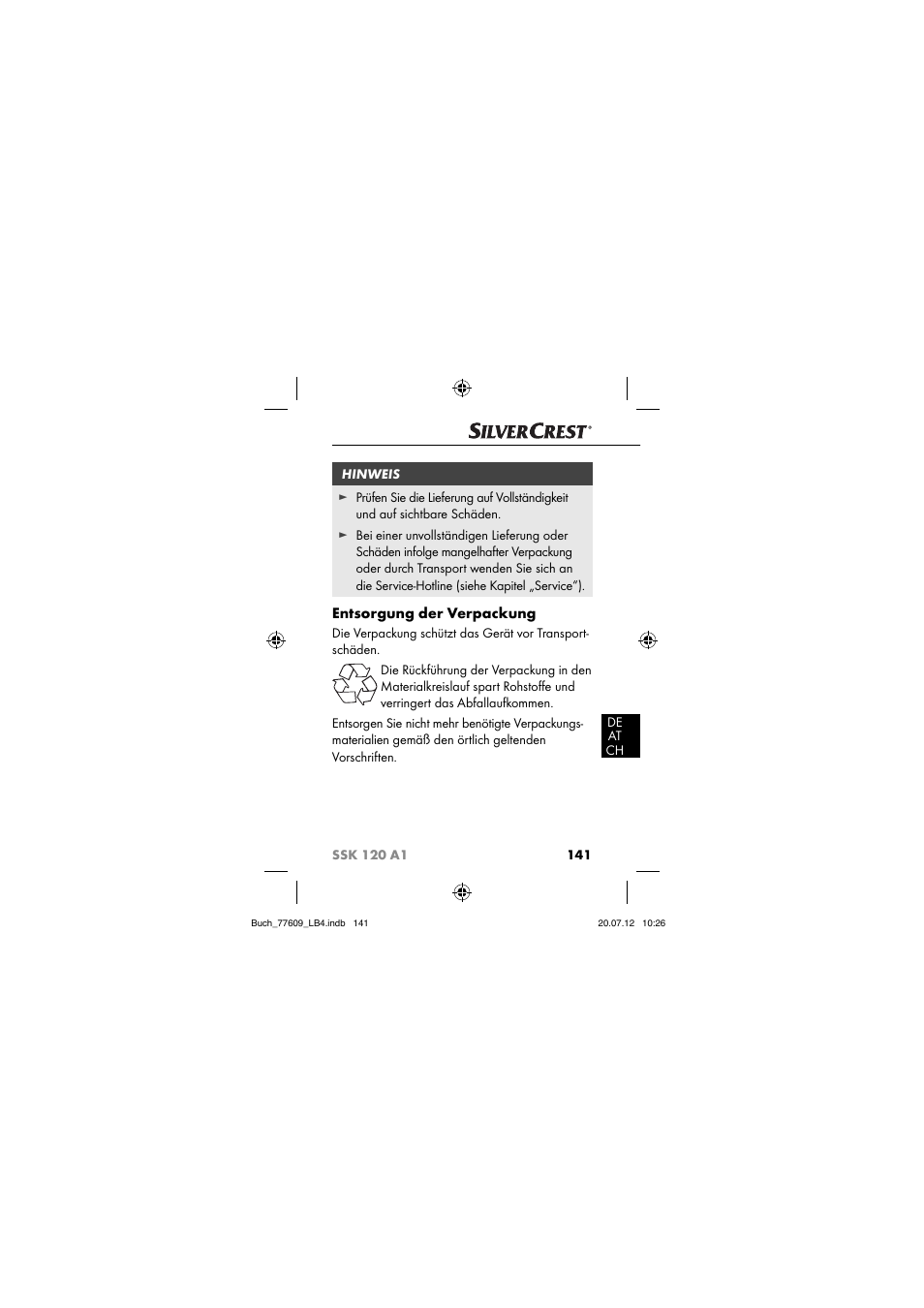 Entsorgung der verpackung | Silvercrest SSK 120 A1 User Manual | Page 143 / 153