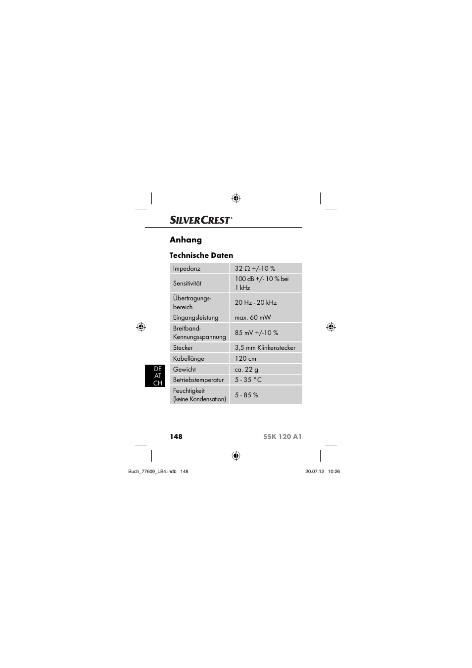 Anhang, Technische daten | Silvercrest SSK 120 A1 User Manual | Page 150 / 153