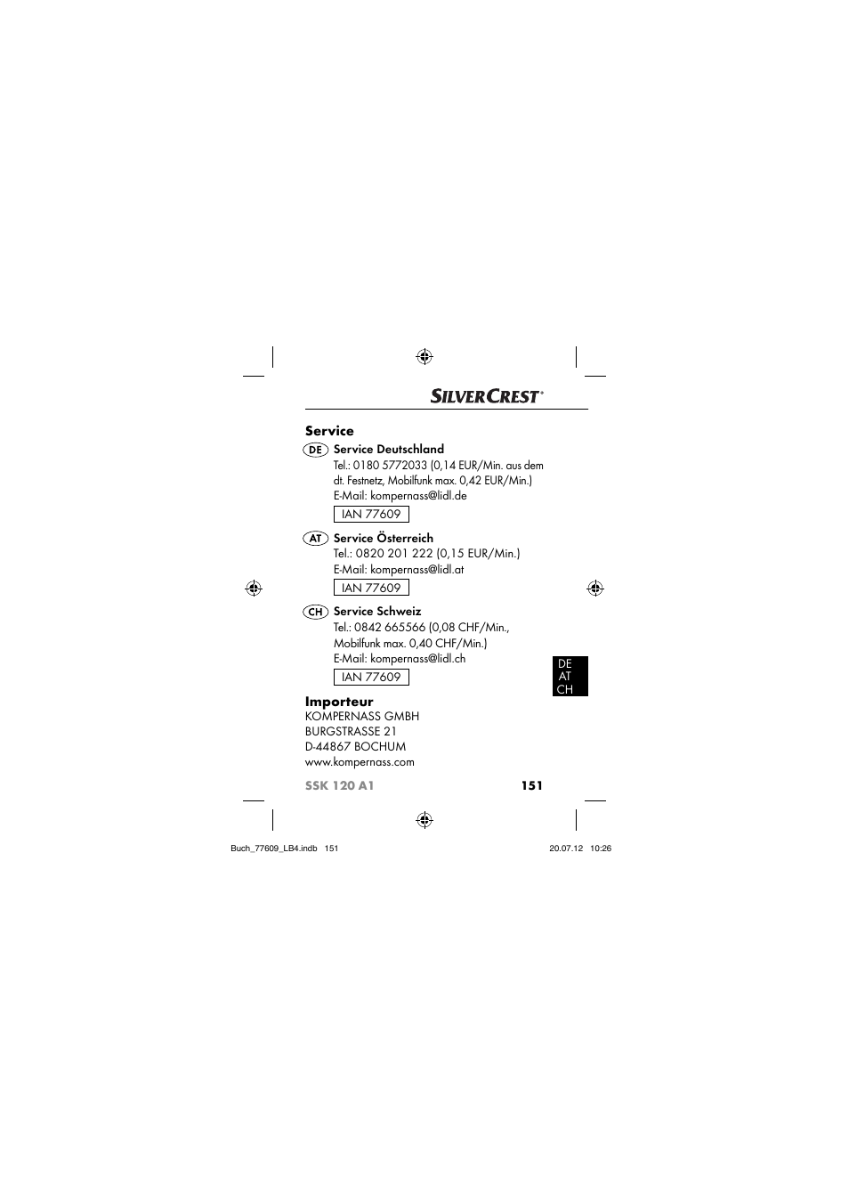 Service, Importeur | Silvercrest SSK 120 A1 User Manual | Page 153 / 153