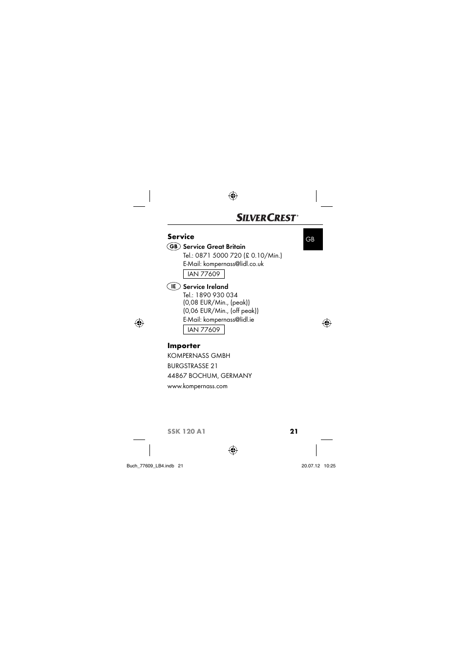 Service, Importer | Silvercrest SSK 120 A1 User Manual | Page 23 / 153