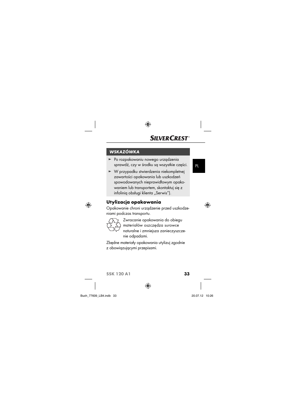 Utylizacja opakowania | Silvercrest SSK 120 A1 User Manual | Page 35 / 153