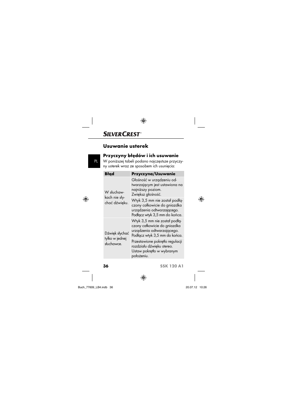 Usuwanie usterek, Przyczyny błędów i ich usuwanie | Silvercrest SSK 120 A1 User Manual | Page 38 / 153