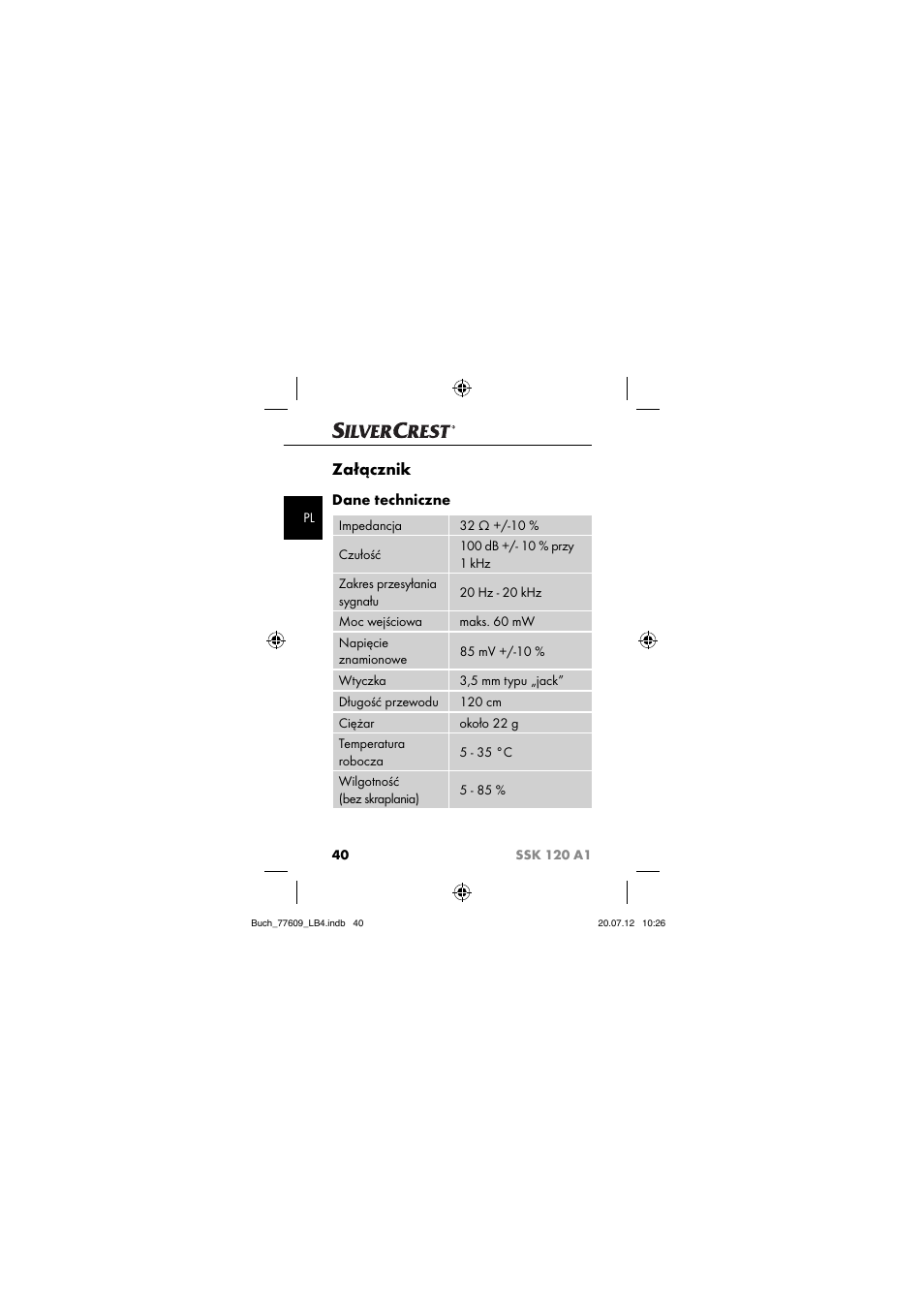 Załącznik, Dane techniczne | Silvercrest SSK 120 A1 User Manual | Page 42 / 153