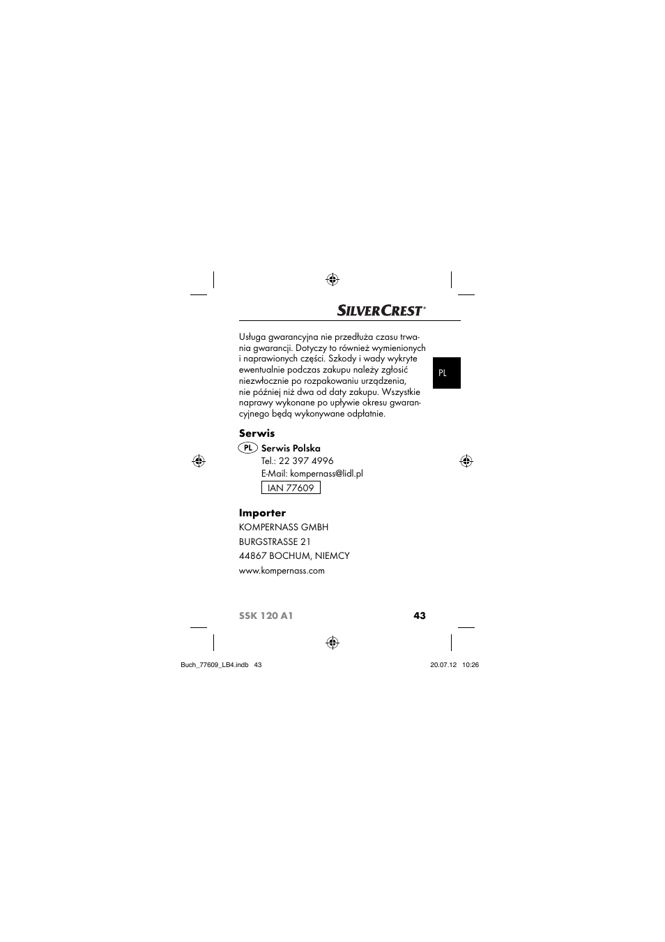 Serwis, Importer | Silvercrest SSK 120 A1 User Manual | Page 45 / 153
