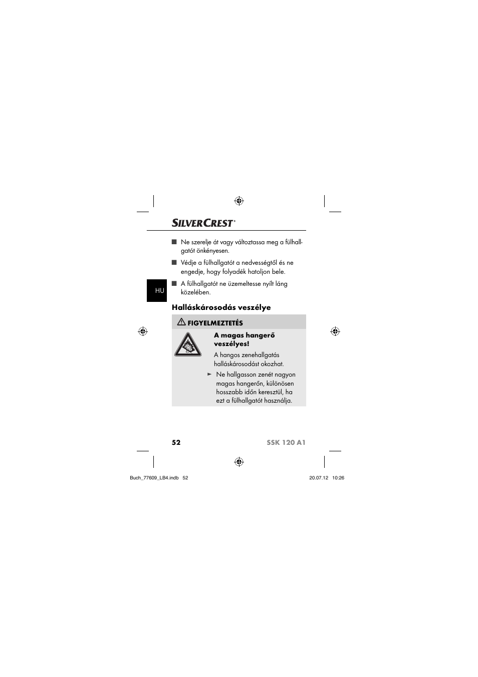 Halláskárosodás veszélye | Silvercrest SSK 120 A1 User Manual | Page 54 / 153