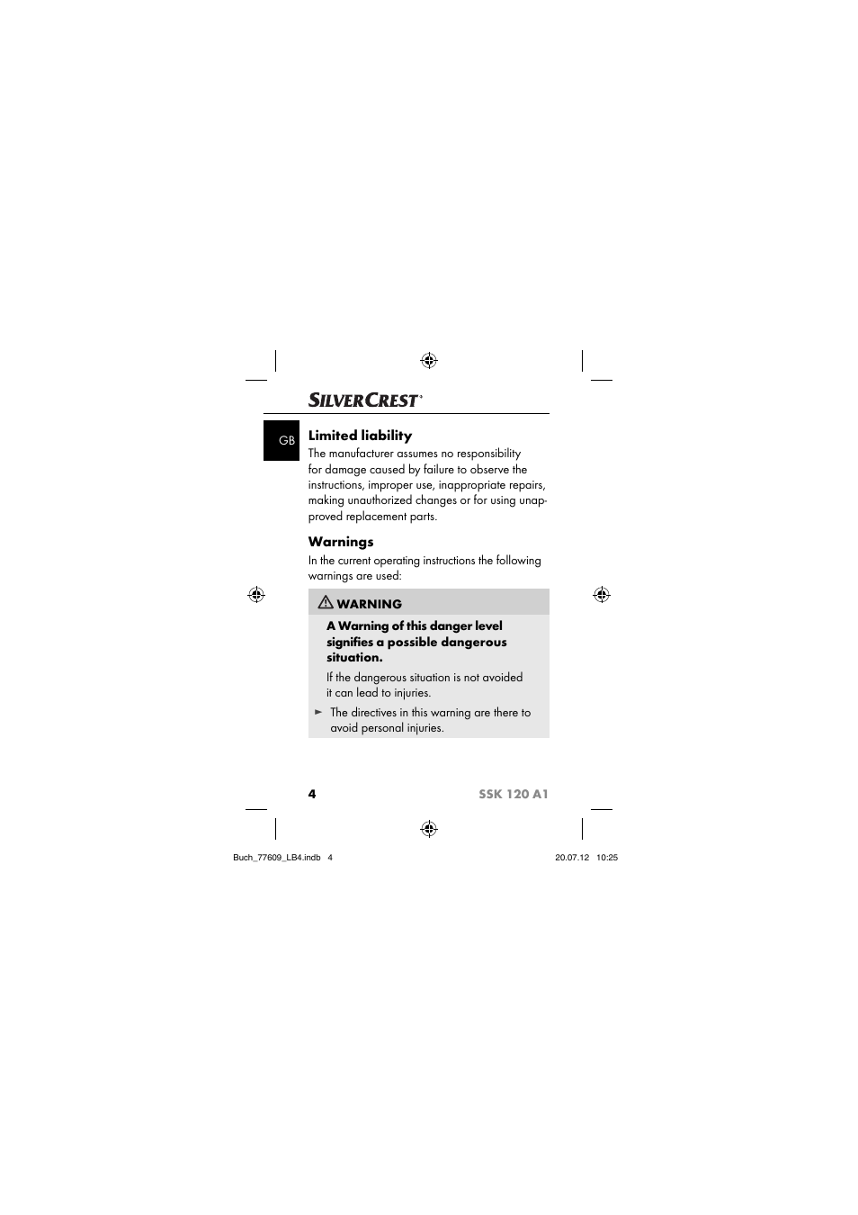 Limited liability, Warnings | Silvercrest SSK 120 A1 User Manual | Page 6 / 153