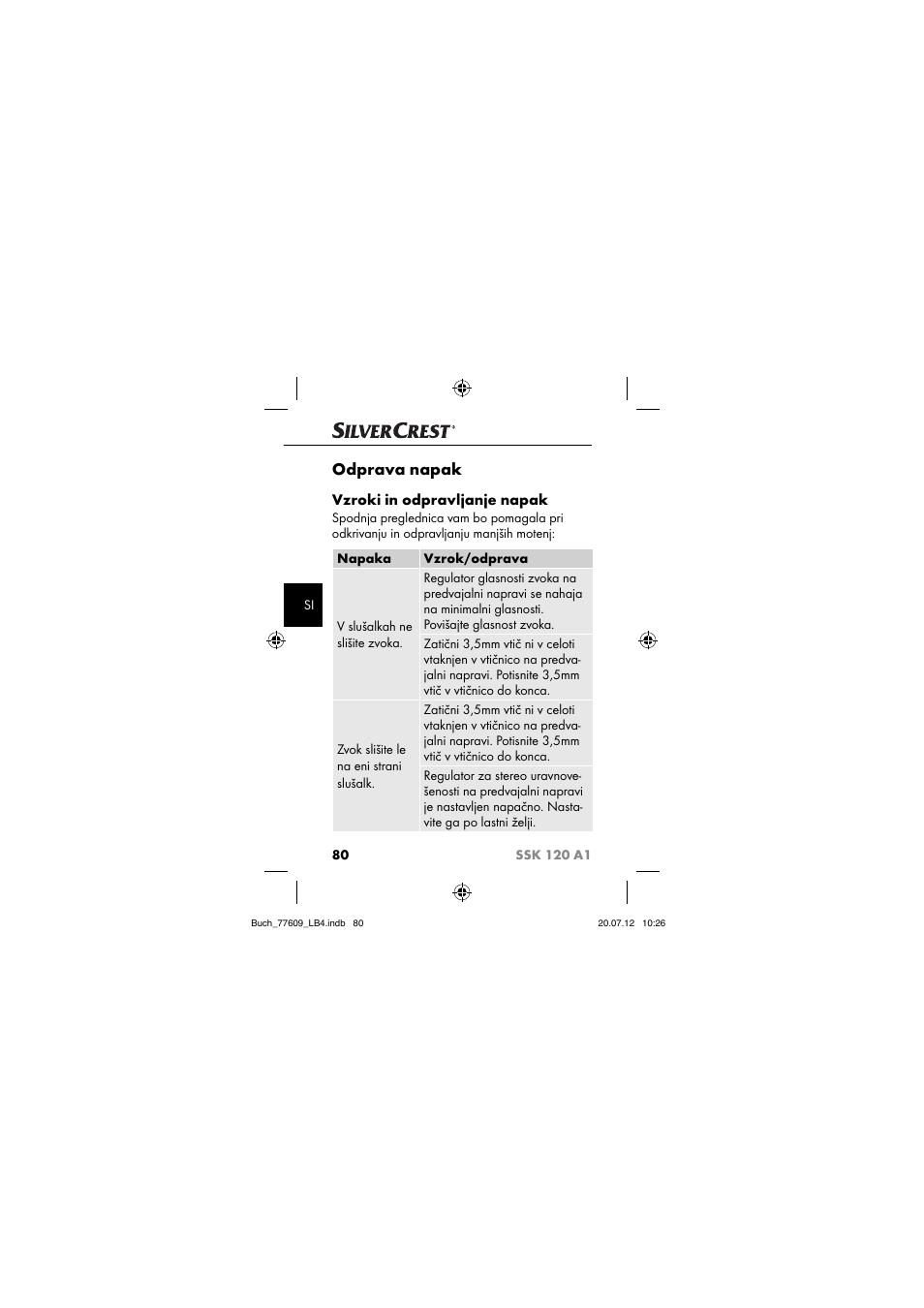 Odprava napak, Vzroki in odpravljanje napak | Silvercrest SSK 120 A1 User Manual | Page 82 / 153