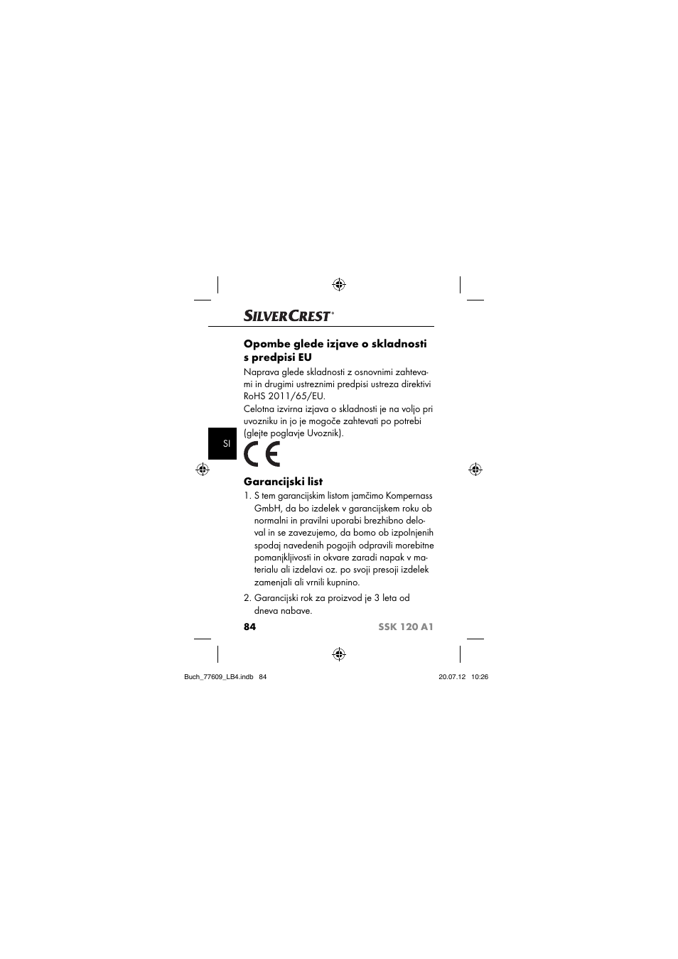 Opombe glede izjave o skladnosti s predpisi eu, Garancijski list | Silvercrest SSK 120 A1 User Manual | Page 86 / 153