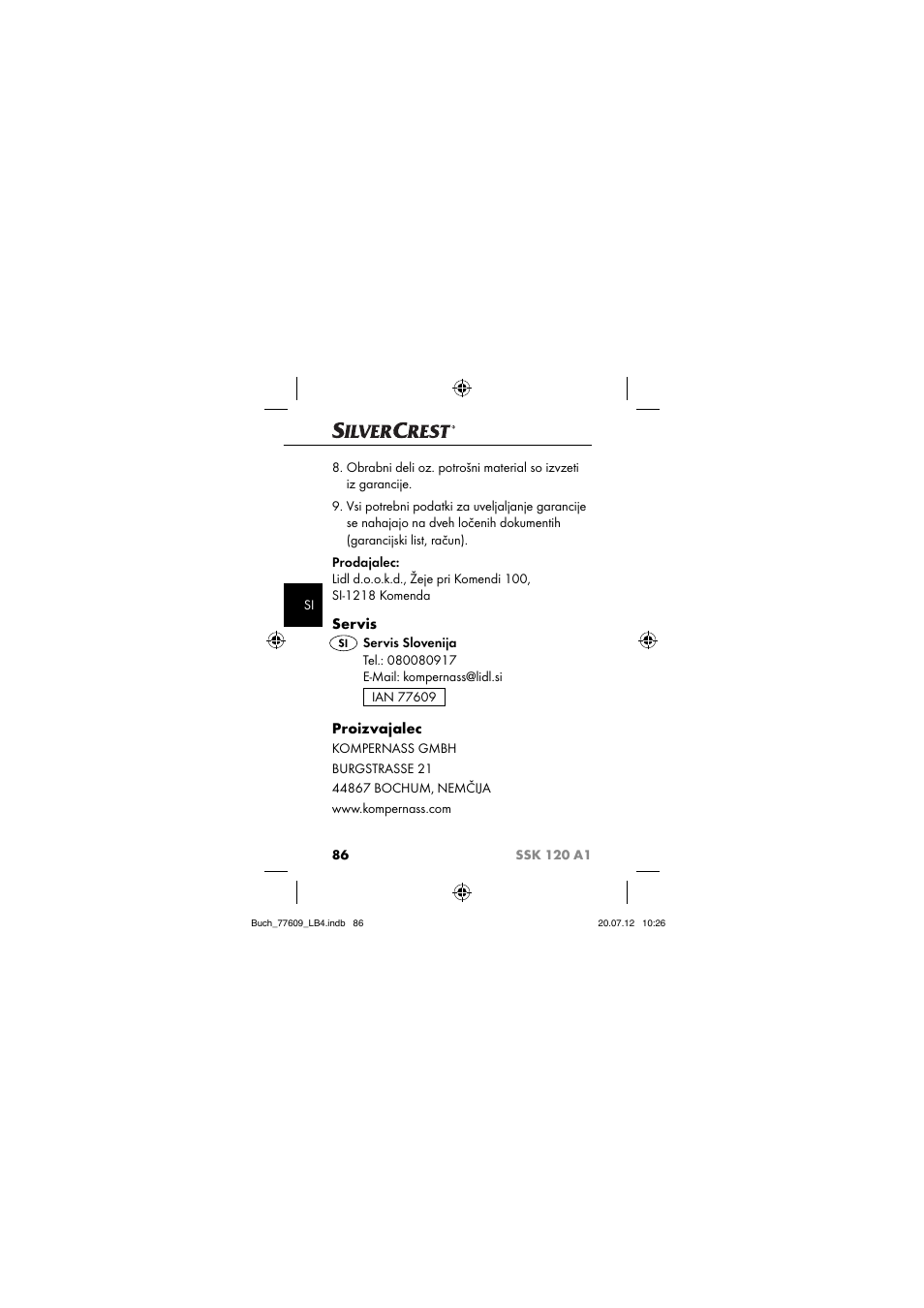 Servis, Proizvajalec | Silvercrest SSK 120 A1 User Manual | Page 88 / 153
