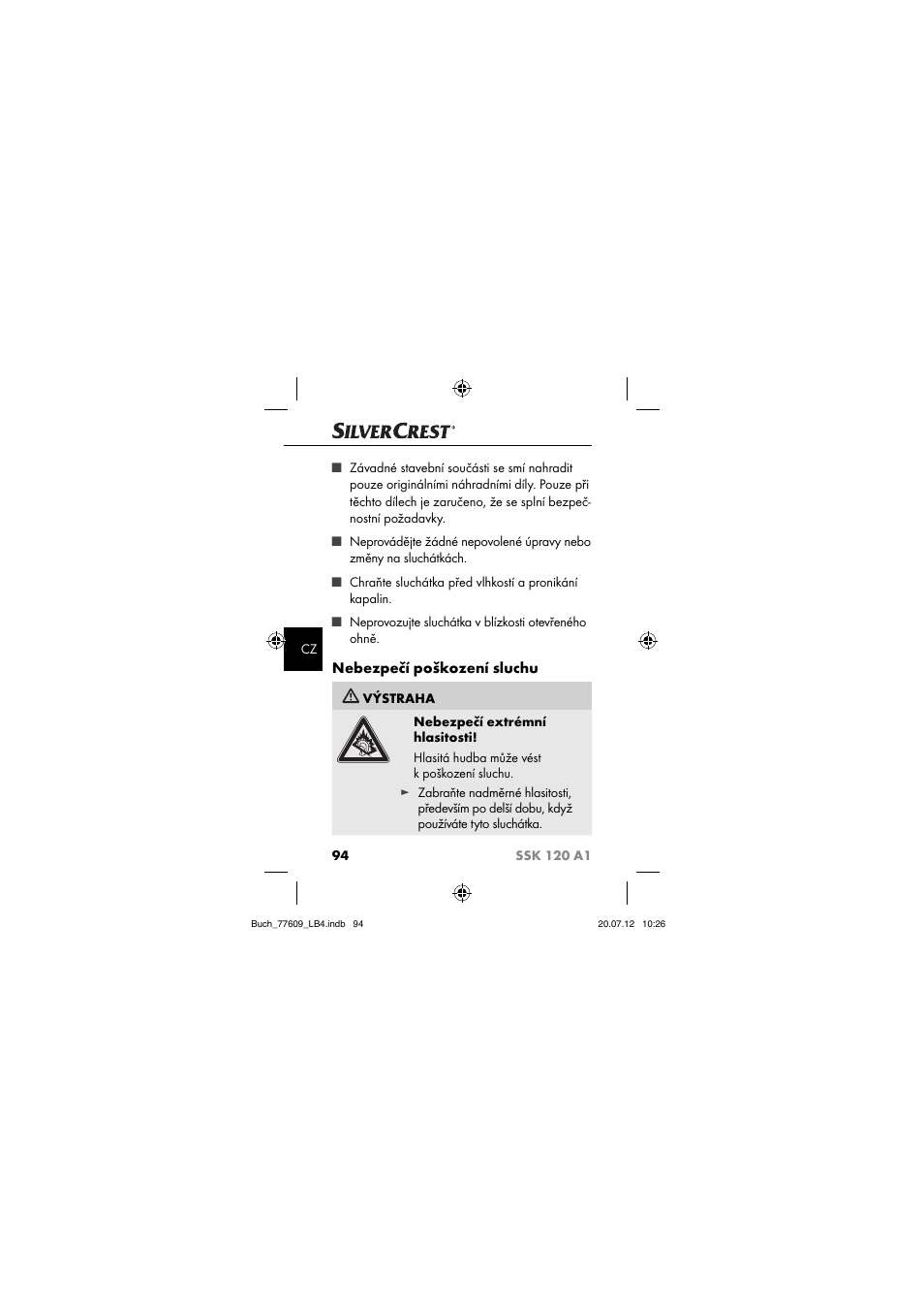 Nebezpečí poškození sluchu | Silvercrest SSK 120 A1 User Manual | Page 96 / 153