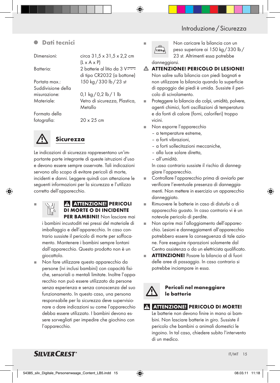 Introduzione / sicurezza, Dati tecnici, Sicurezza | Silvercrest Digital Bathroom Scale User Manual | Page 11 / 40
