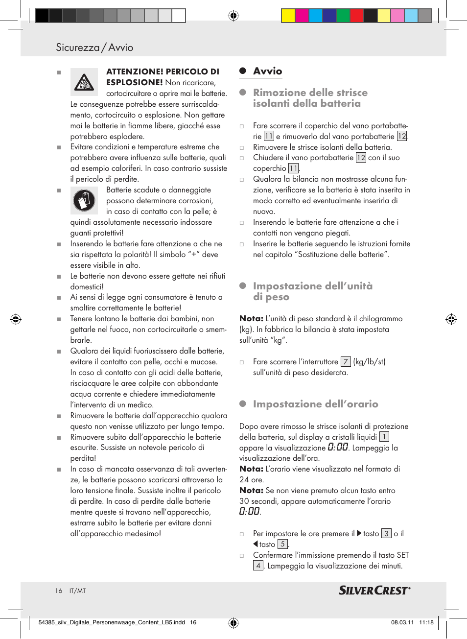 Avvio sicurezza / avvio, Avvio, Rimozione delle strisce isolanti della batteria | Impostazione dell’unità di peso, Impostazione dell’orario | Silvercrest Digital Bathroom Scale User Manual | Page 12 / 40