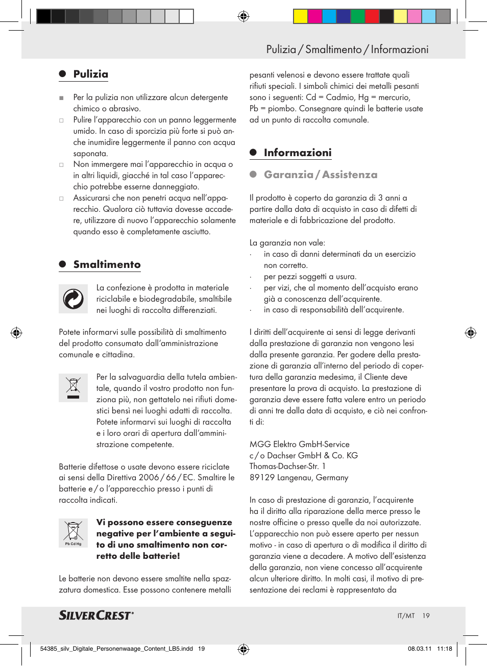 Pulizia / smaltimento / informazioni, Pulizia, Smaltimento | Informazioni, Garanzia / assistenza | Silvercrest Digital Bathroom Scale User Manual | Page 15 / 40