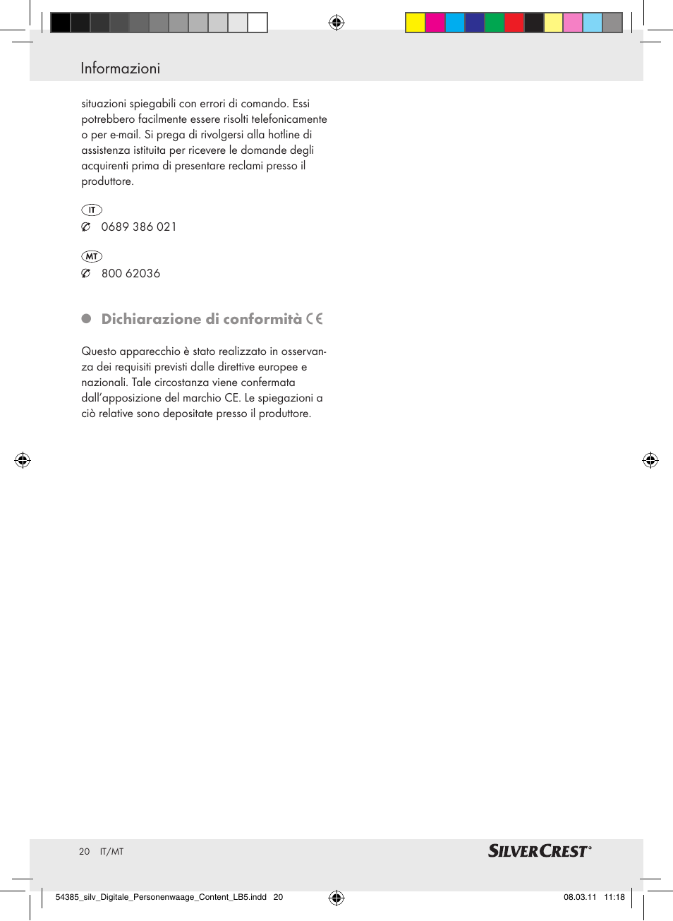 Informazioni, Índice, Dichiarazione di conformità | Silvercrest Digital Bathroom Scale User Manual | Page 16 / 40