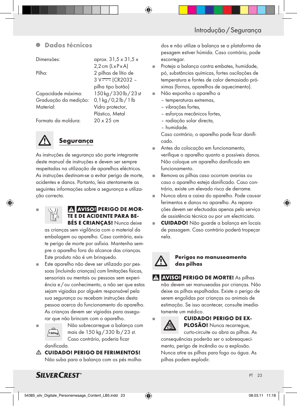 Introdução / segurança, Dados técnicos, Segurança | Silvercrest Digital Bathroom Scale User Manual | Page 19 / 40