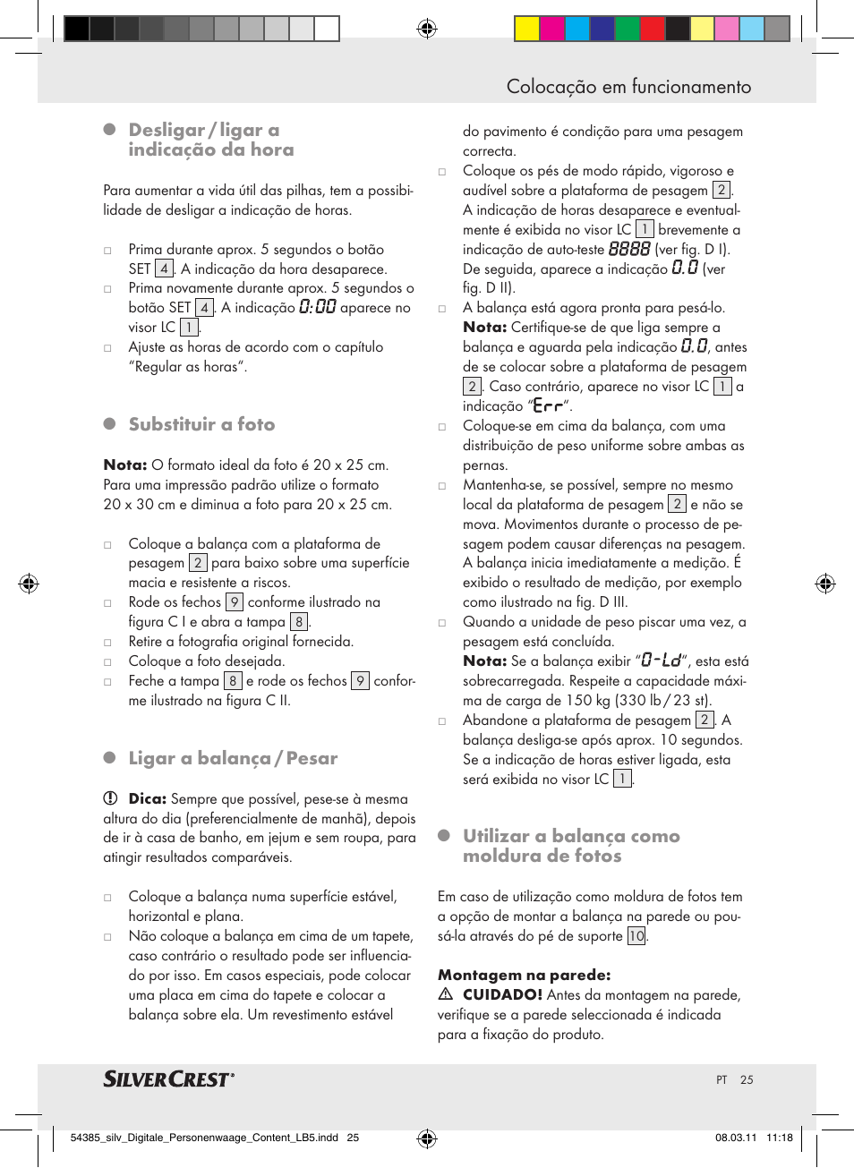 Colocação em funcionamento, Desligar / ligar a indicação da hora, Substituir a foto | Ligar a balança / pesar, Utilizar a balança como moldura de fotos | Silvercrest Digital Bathroom Scale User Manual | Page 21 / 40