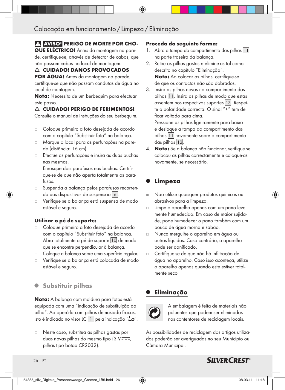 Substituir pilhas, Limpeza, Eliminação | Silvercrest Digital Bathroom Scale User Manual | Page 22 / 40