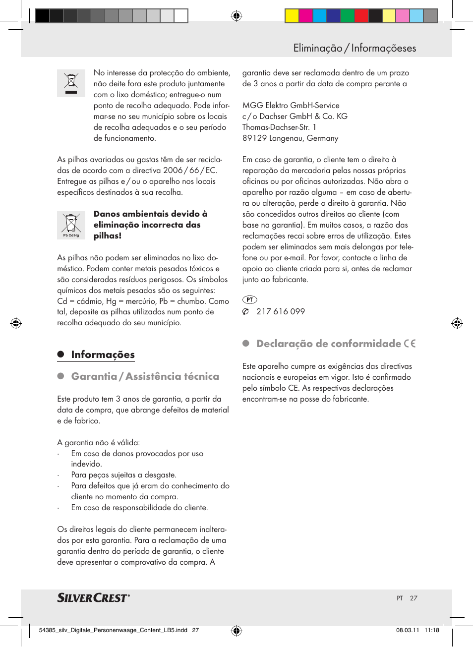 Eliminação / informaçõeses, Informações, Garantia / assistência técnica | Declaração de conformidade | Silvercrest Digital Bathroom Scale User Manual | Page 23 / 40