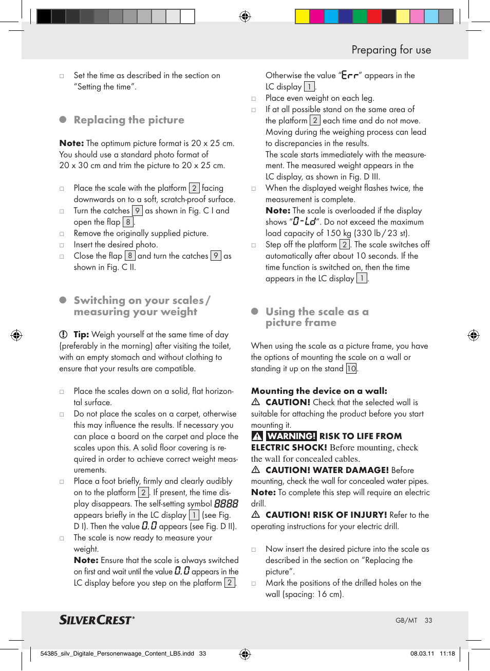 Preparing for use, Replacing the picture, Switching on your scales / measuring your weight | Using the scale as a picture frame | Silvercrest Digital Bathroom Scale User Manual | Page 29 / 40