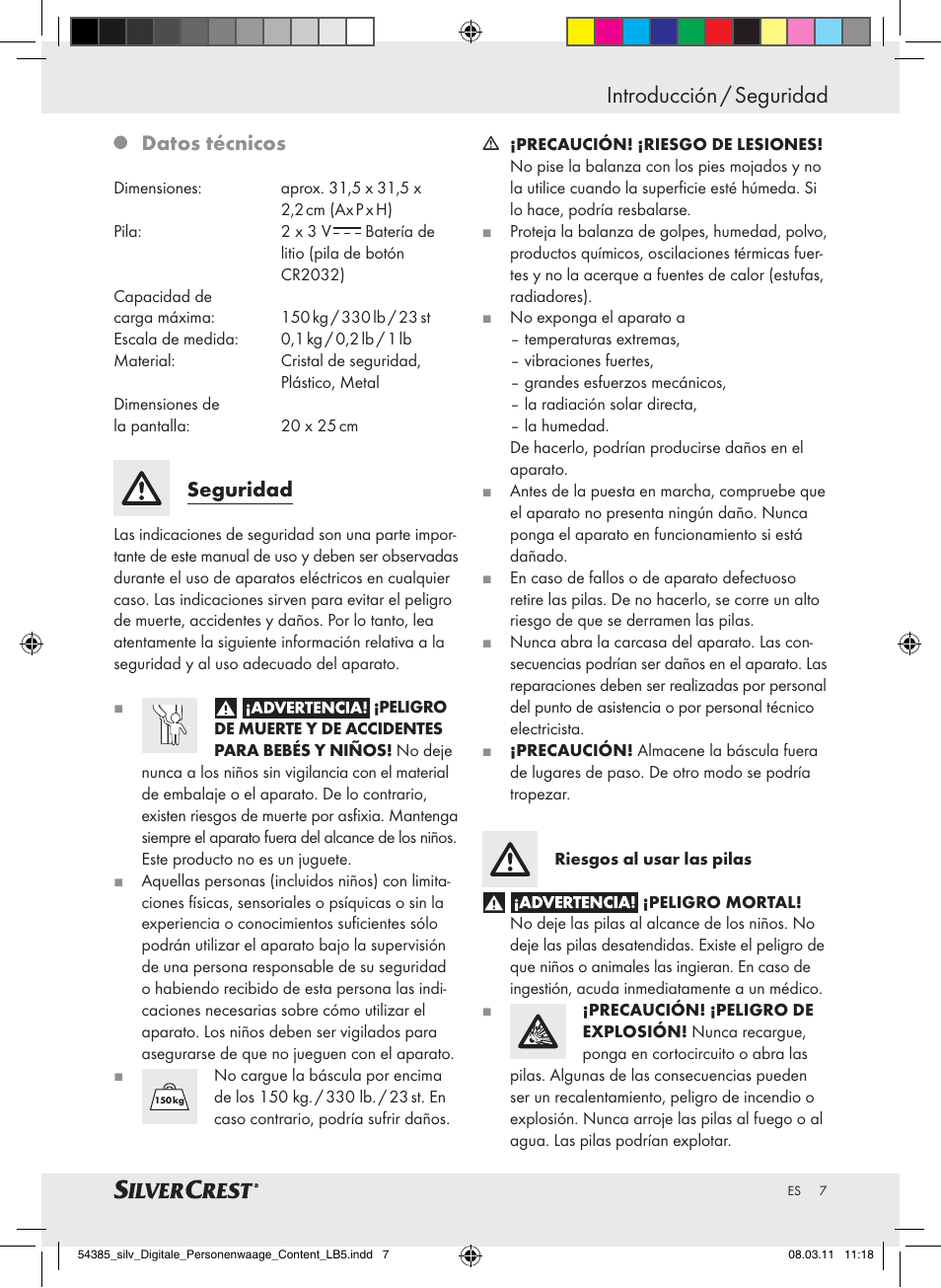 Introducción / seguridad, Datos técnicos, Seguridad | Silvercrest Digital Bathroom Scale User Manual | Page 3 / 40