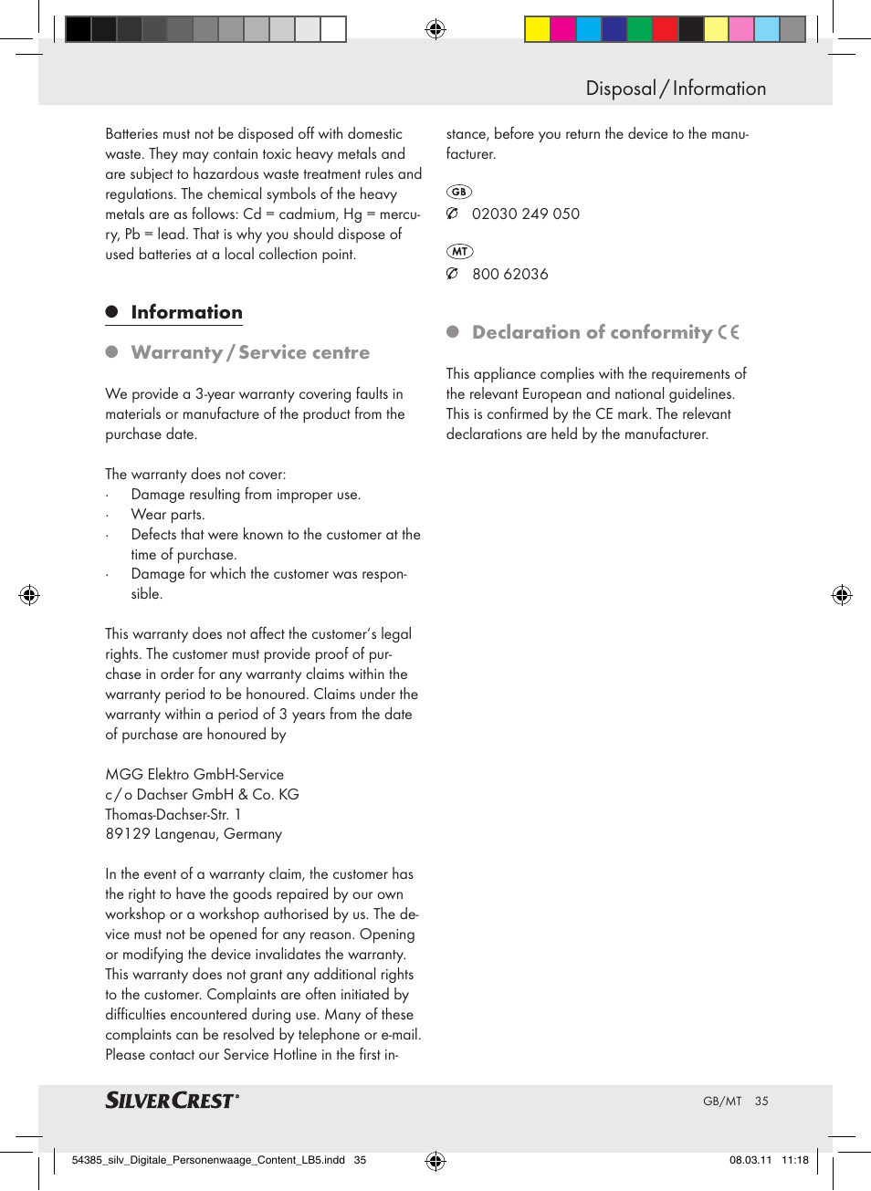 Disposal / information, Information, Warranty / service centre | Declaration of conformity | Silvercrest Digital Bathroom Scale User Manual | Page 31 / 40