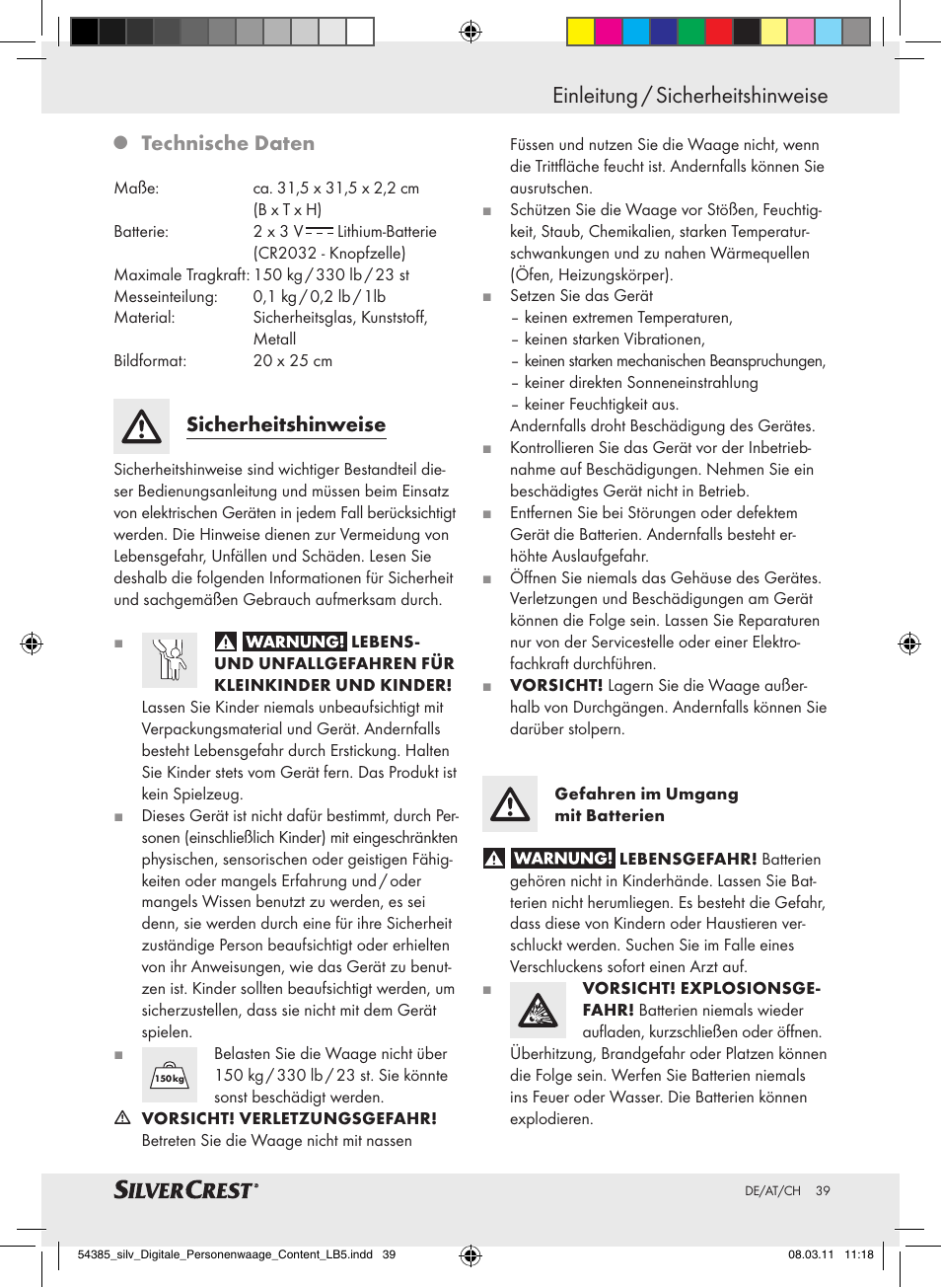 Einleitung / sicherheitshinweise, Technische daten, Sicherheitshinweise | Silvercrest Digital Bathroom Scale User Manual | Page 35 / 40