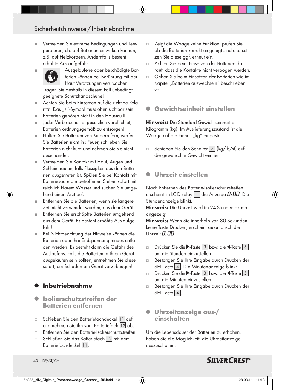 Inbetriebnahme, Isolierschutzstreifen der batterien entfernen, Gewichtseinheit einstellen | Uhrzeit einstellen, Uhrzeitanzeige aus-/ einschalten | Silvercrest Digital Bathroom Scale User Manual | Page 36 / 40