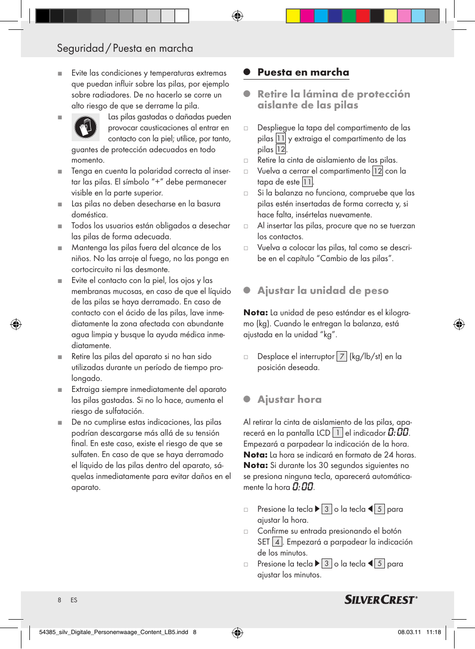 Seguridad / puesta en marcha, Puesta en marcha, Ajustar la unidad de peso | Ajustar hora | Silvercrest Digital Bathroom Scale User Manual | Page 4 / 40