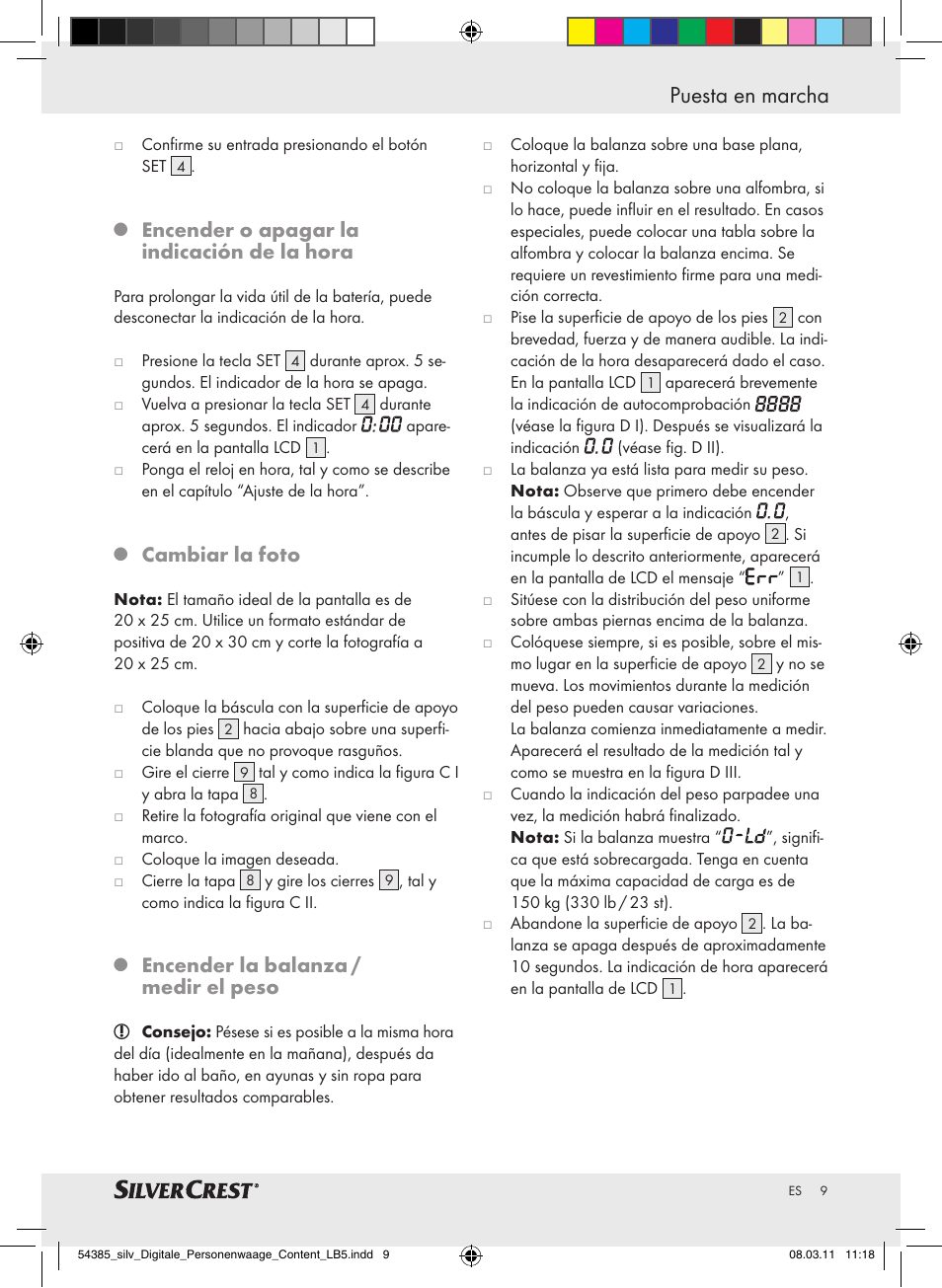 Puesta en marcha, Encender o apagar la indicación de la hora, Cambiar la foto | Encender la balanza / medir el peso | Silvercrest Digital Bathroom Scale User Manual | Page 5 / 40