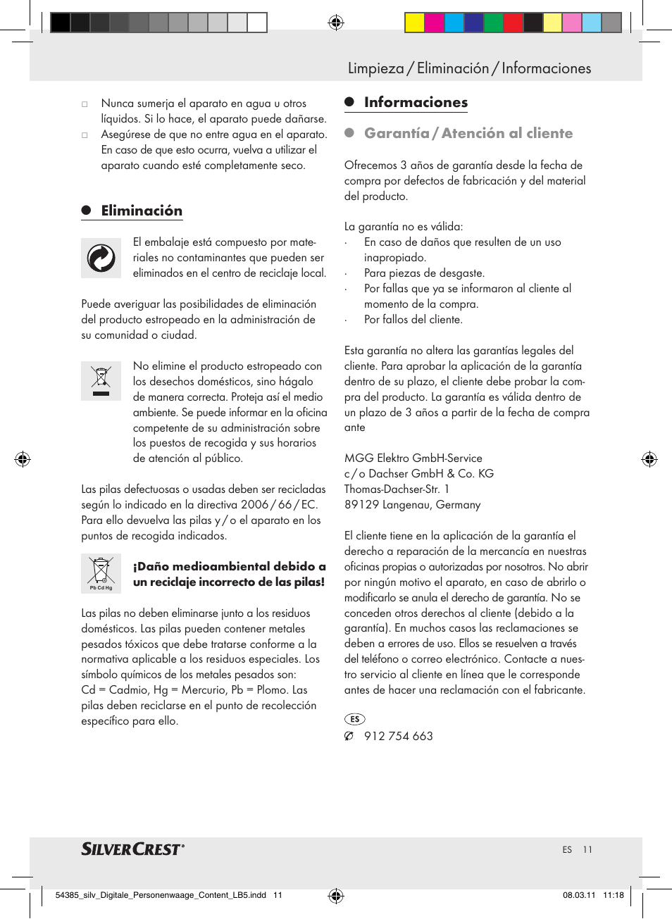 Limpieza / eliminación / informaciones, Eliminación, Informaciones | Garantía / atención al cliente | Silvercrest Digital Bathroom Scale User Manual | Page 7 / 40