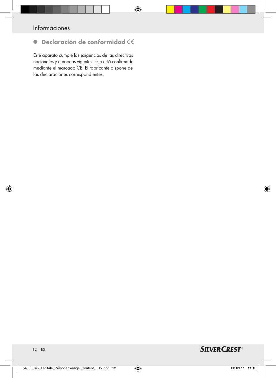 Informaciones, Indice, Declaración de conformidad | Silvercrest Digital Bathroom Scale User Manual | Page 8 / 40