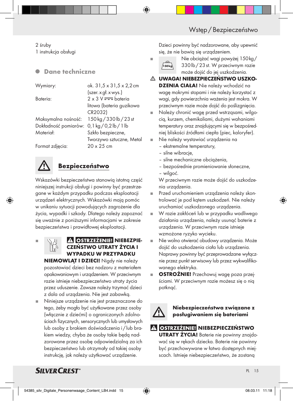 Wstęp / bezpieczeństwo, Dane techniczne, Bezpieczeństwo | Silvercrest Digital Bathroom Scale User Manual | Page 11 / 56